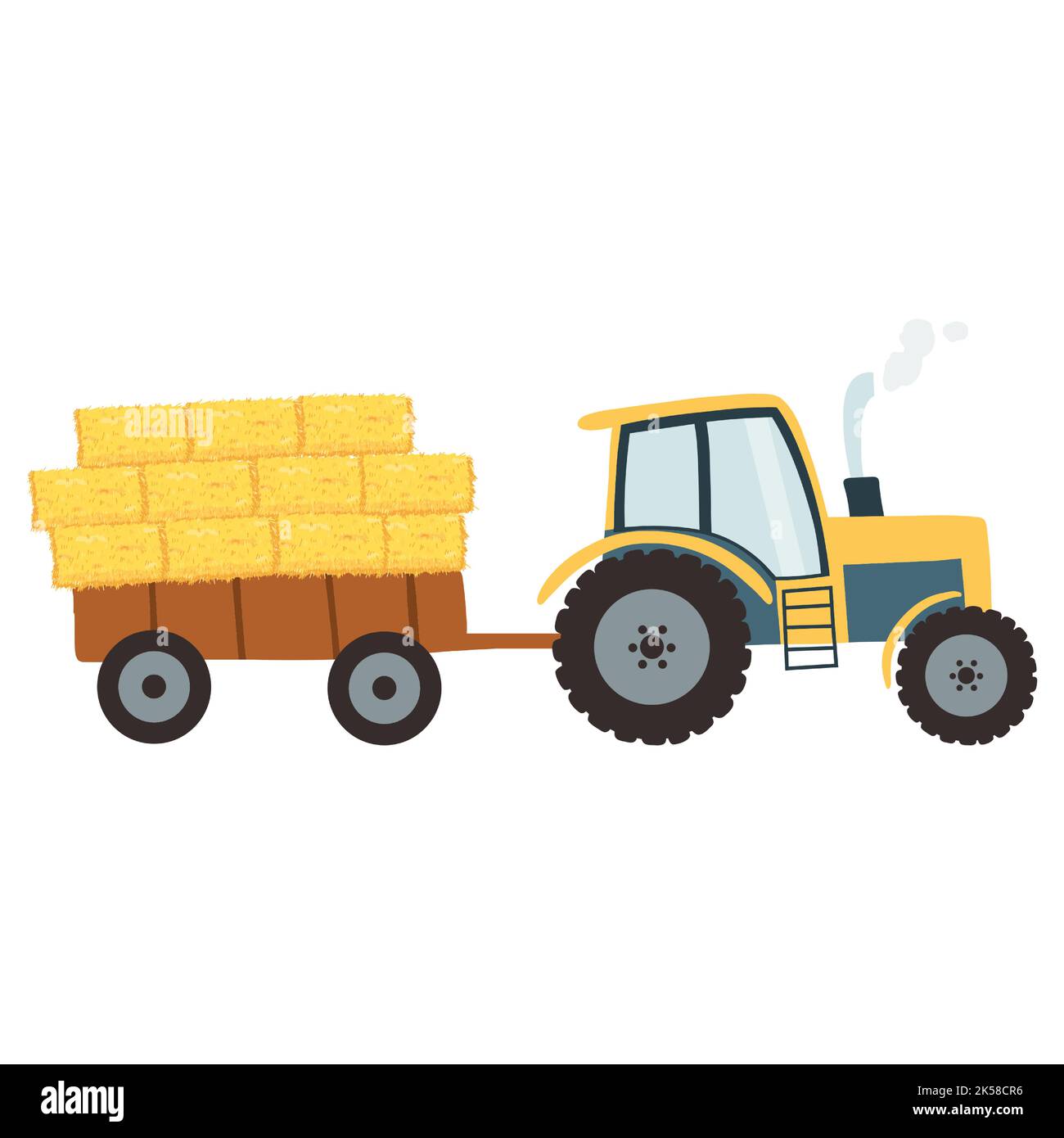 Tractor with agricultural haycock in the trailer in cartoon flat style, rural hay rolled stack, dried farm haystack. Vector illustration of fodder Stock Vector