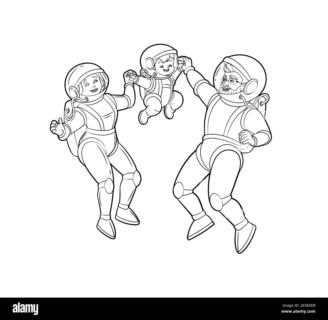 Coloring book.Astronaut dad throws his son up.Happy family of astronauts, mom, dad, son.Vector black and white illustration, outline, cartoon on white Stock Vector
