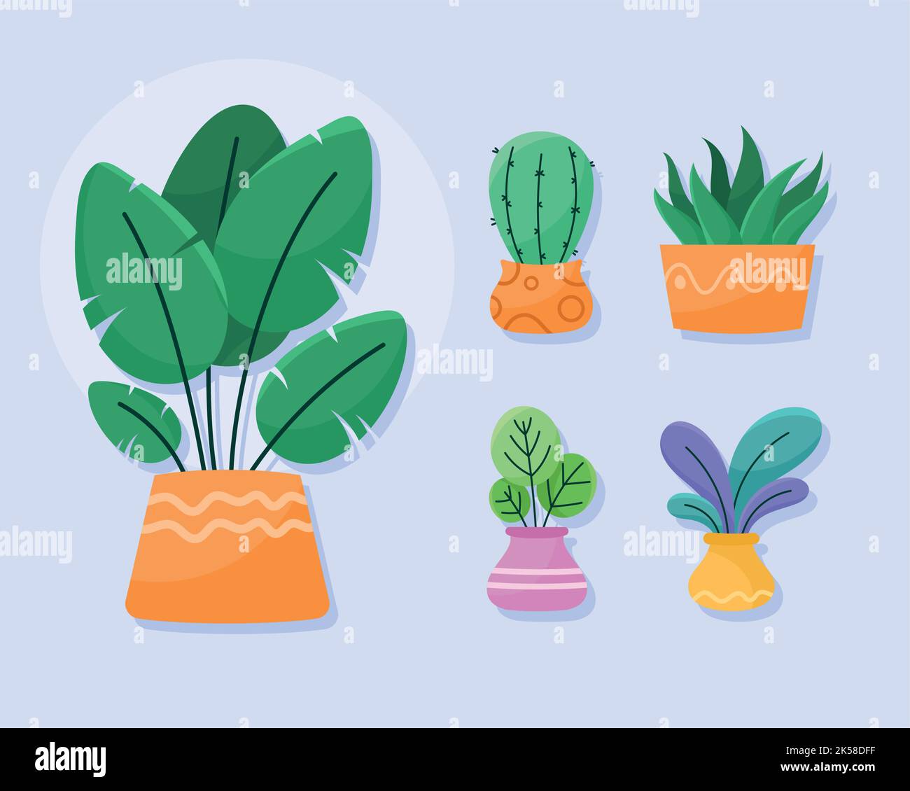 five houseplants in pots icons Stock Vector