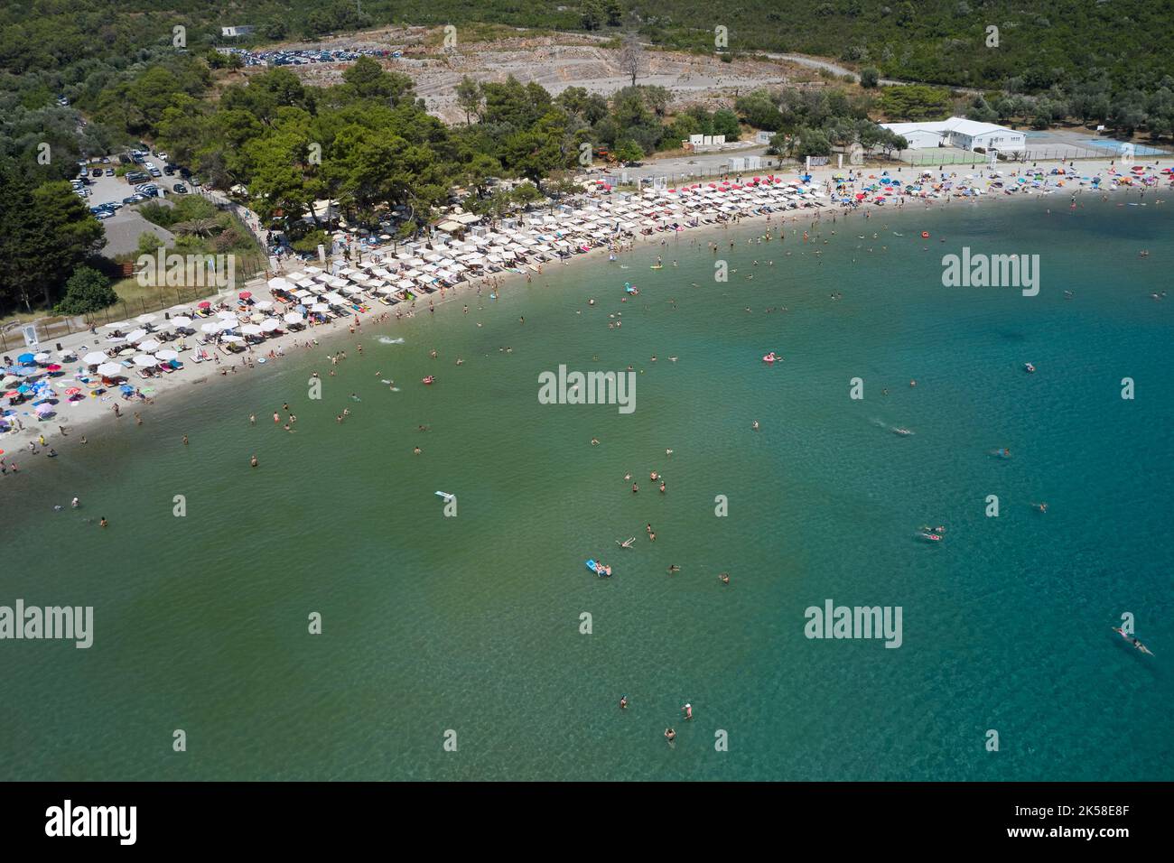 Many people on the beach in montenegro, aerial view. Stock Photo