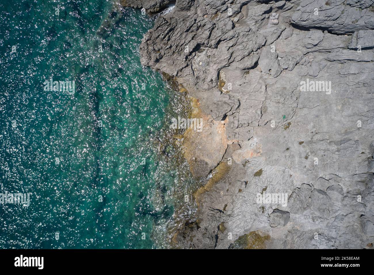 Aerial view of rocky beach in the Adriatic Sea, in Montenegro. Stock Photo