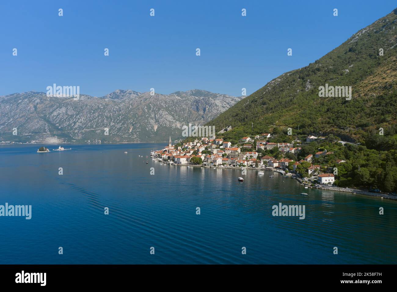 Aerial view of coastal town of Perast in Montenegro, seascape with small town. Stock Photo