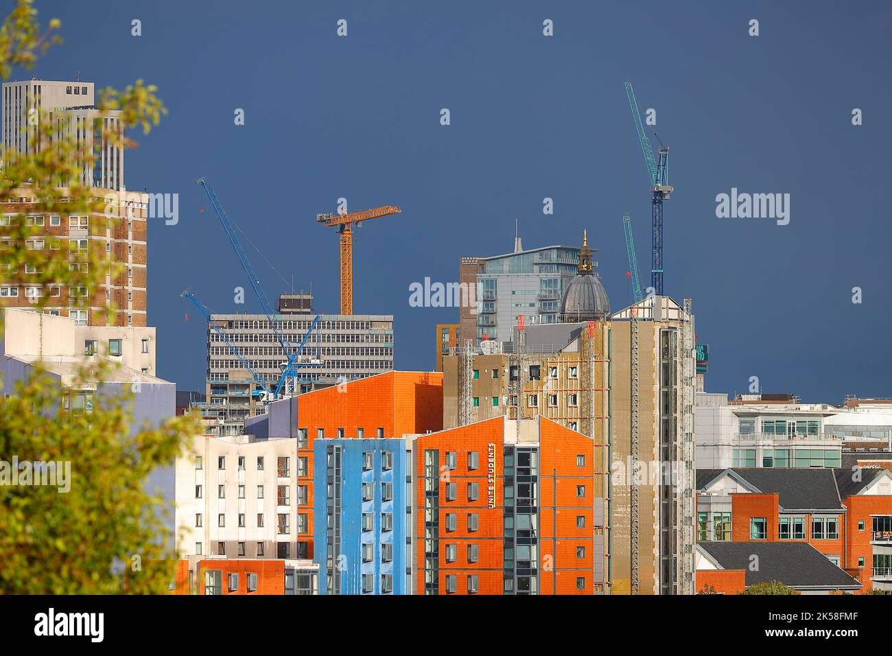 Tower cranes in Leeds City Centre. Buildings are beginning to surround