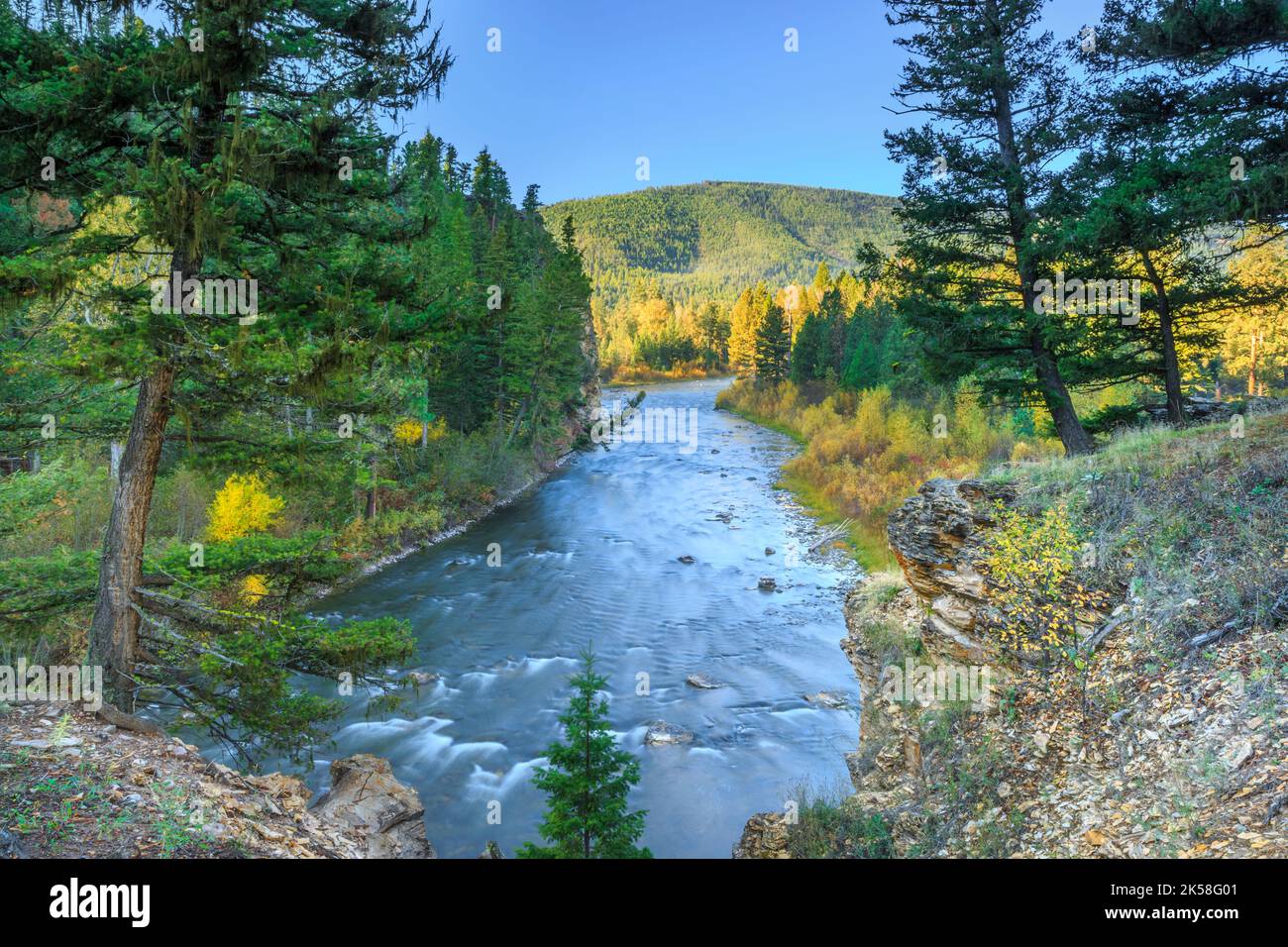 blackfoot river in fall below the range near ovando, montana