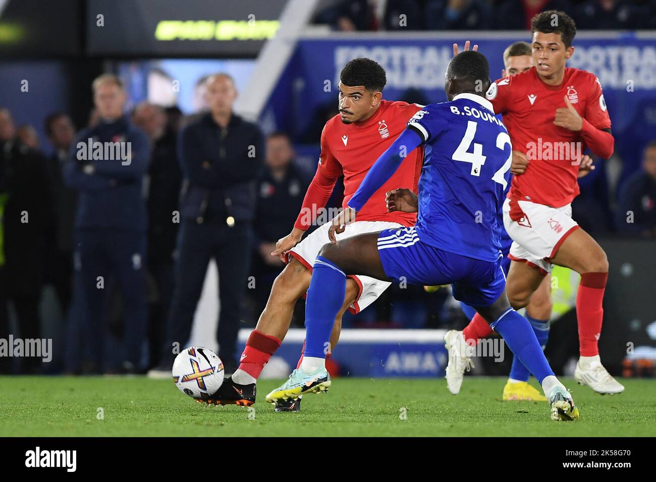 Morgan Gibbs-White of Nottingham Forest under pressure from Boubakary Soumare of Leicester City during the Premier League match between Leicester City and Nottingham Forest at the King Power Stadium, Leicester on Monday 3rd October 2022. (Credit: Jon Hobley | MI News) Credit: MI News & Sport /Alamy Live News Stock Photo