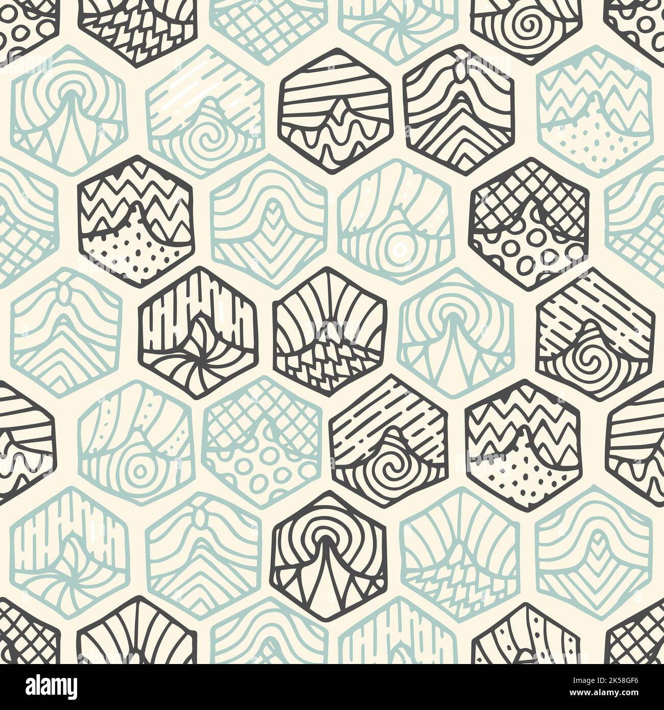 Hand drawn seamless pattern with doodle filled hexagons in mosaic order ...