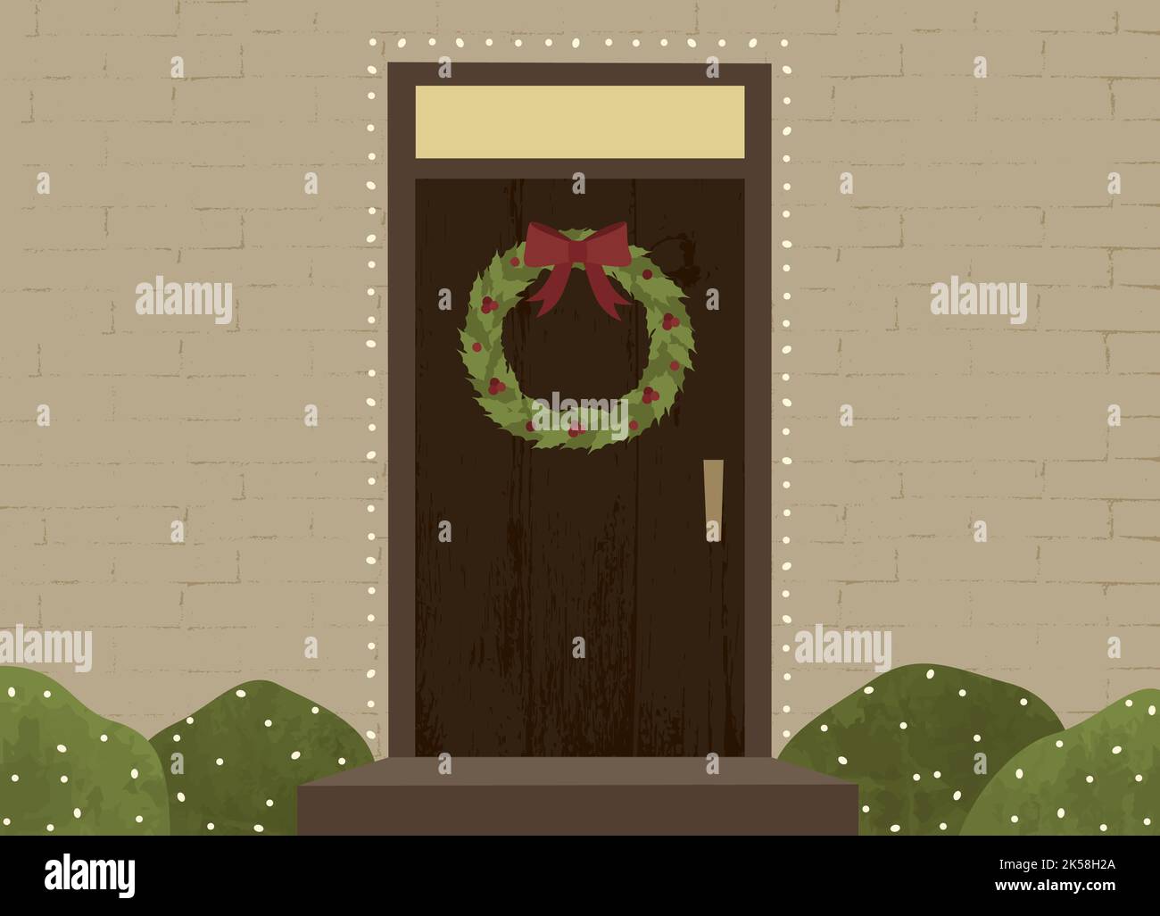 A warm toned holiday door with wreath, in a cut paper style with textures Stock Vector