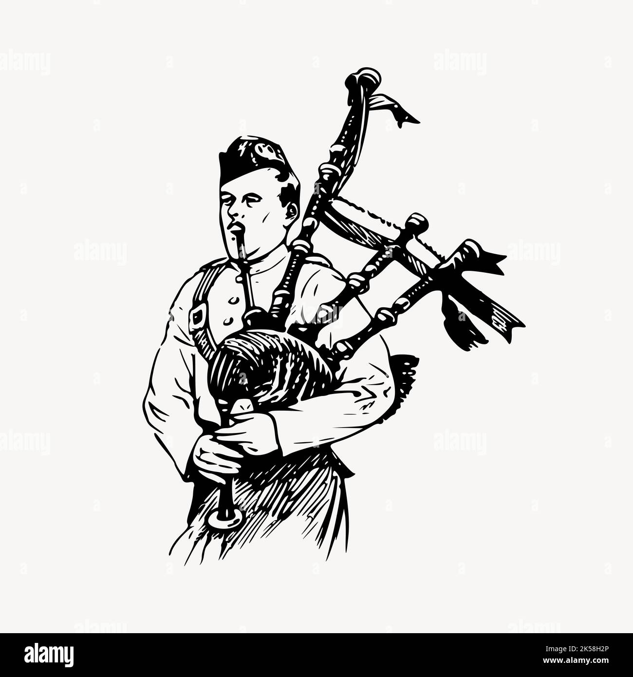 Man playing bagpipes clipart, vintage music illustration vector Stock