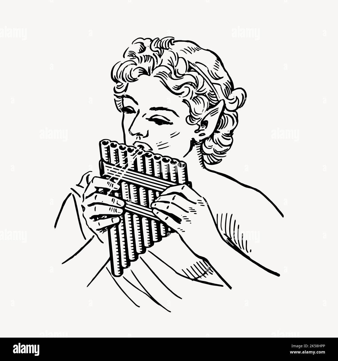 Woman playing panpipe clipart, vintage music illustration vector Stock
