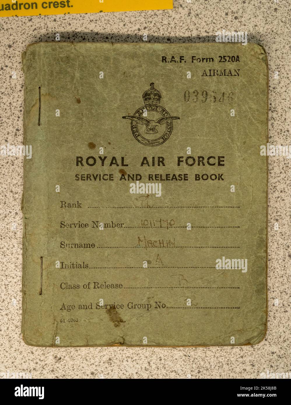 A Royal Air Force Service and Release Book in the Spitfire and Hurricane Memorial Museum, Ramsgate, Kent, UK. Stock Photo