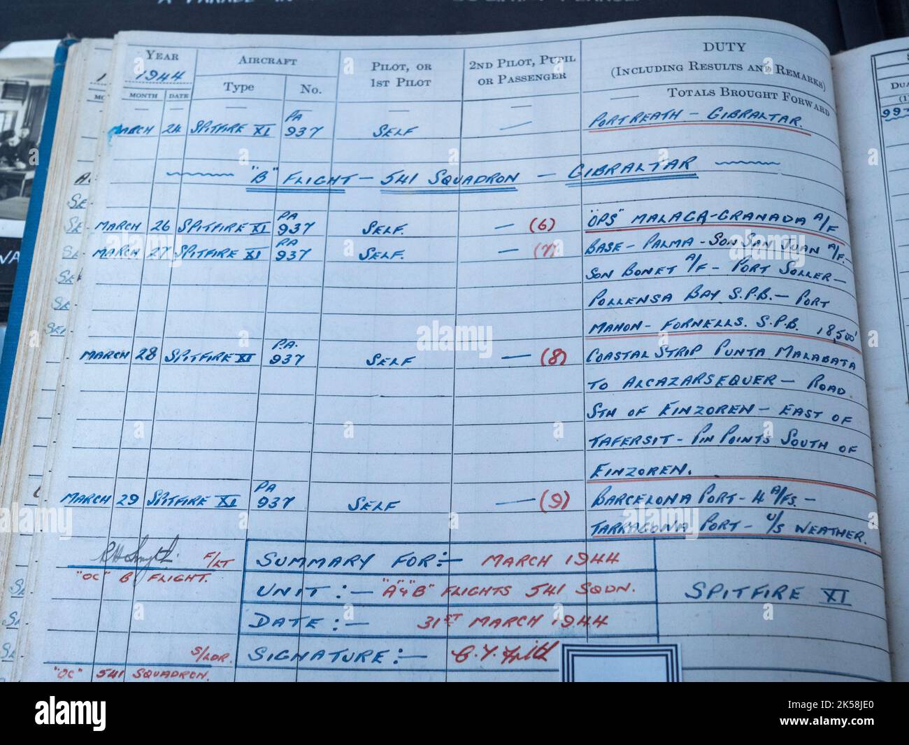 Logbook of an WWII RAF pilot (Photographic Reconnaissance) in the Spitfire and Hurricane Memorial Museum, Ramsgate, Kent, UK. Stock Photo