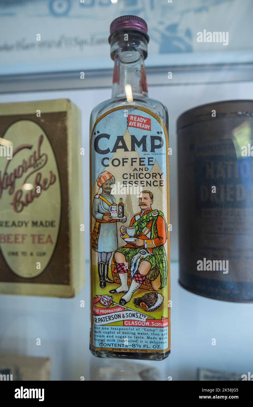 A bottle of Xamp Coffee and Chicory Essence by R. Paterson & Sons Ltd  in the Spitfire and Hurricane Memorial Museum, Ramsgate, Kent, UK. Stock Photo