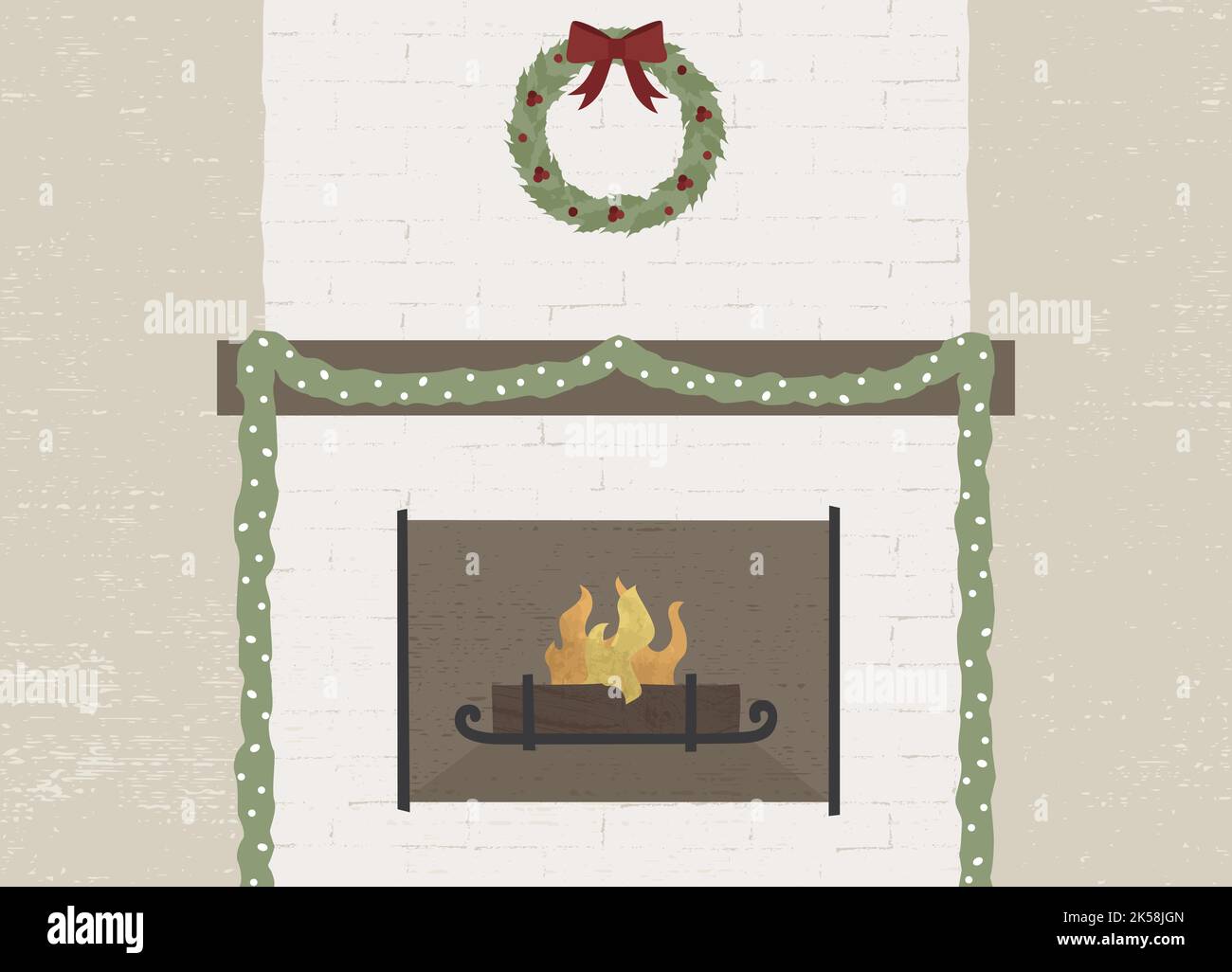 A lit fireplace and greenery, in a cut paper style with textures Stock Vector