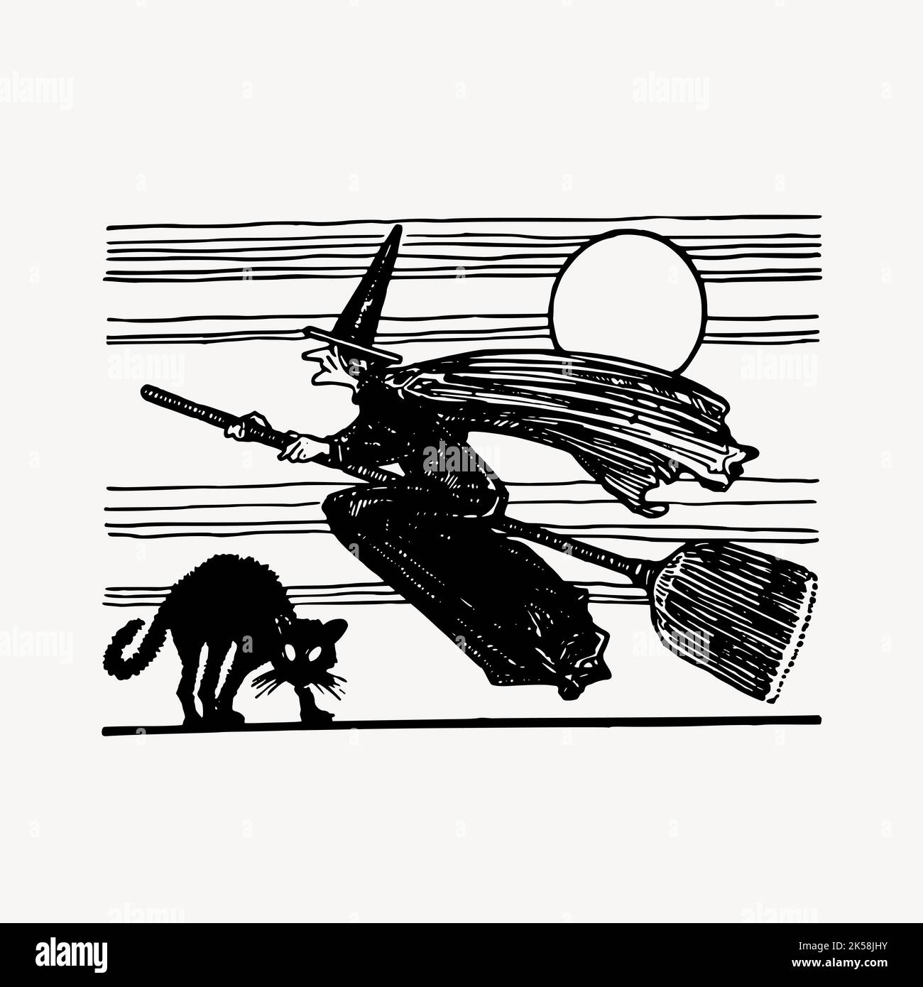 Flying witch clipart, vintage Halloween illustration vector Stock