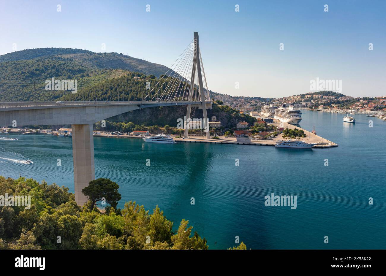 DUBROVNIK, CROATIA - Dr. Franja Tudmana bridge, a cable-stayed bridge crossing Rijeka Dubrovacka, near Port of Gruz. Stock Photo