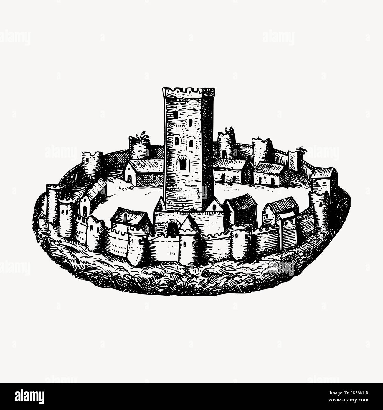 Medieval walled town drawing, vintage illustration vector