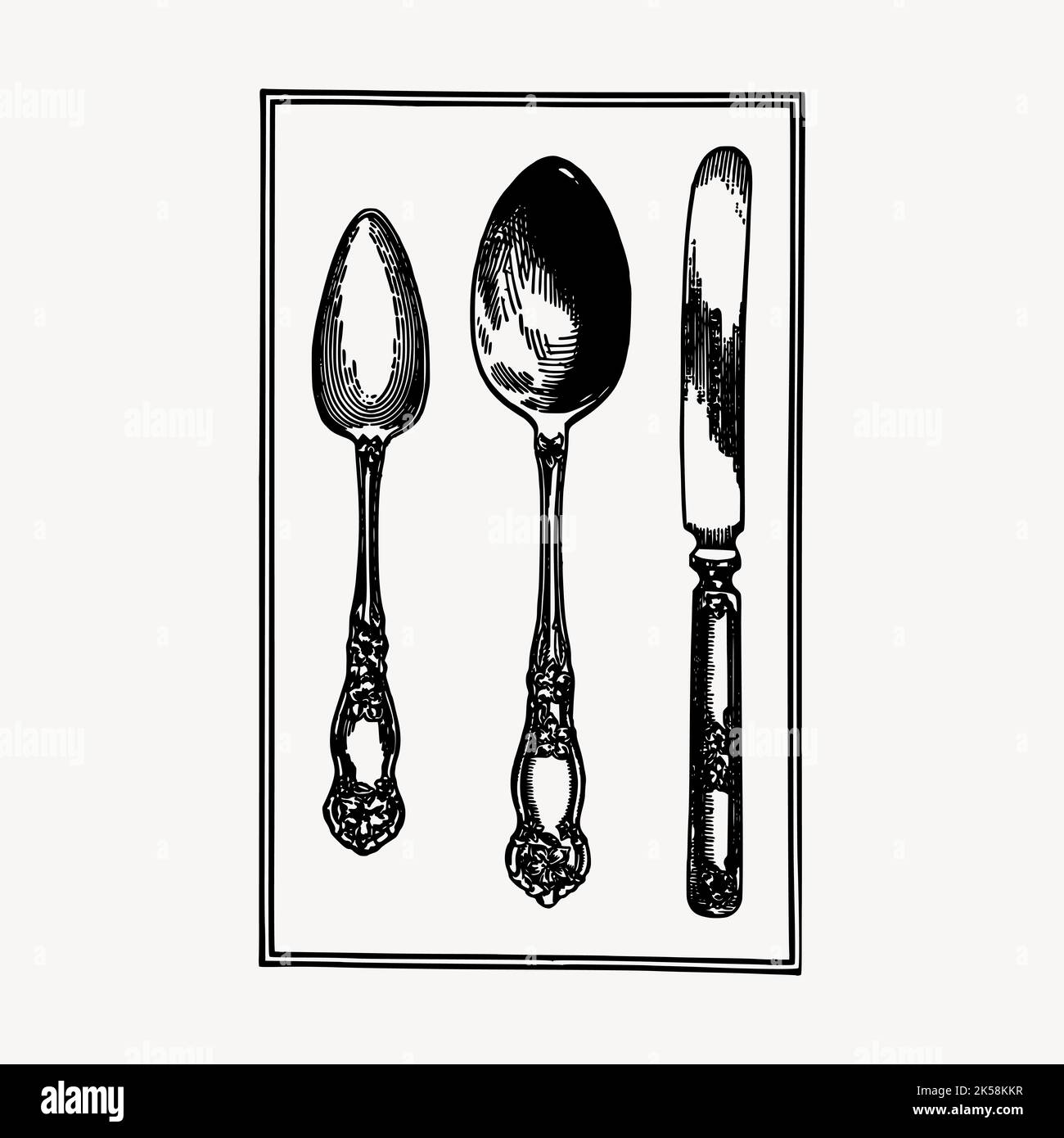 Spoon set drawing, vintage silverware illustration vector Stock Vector