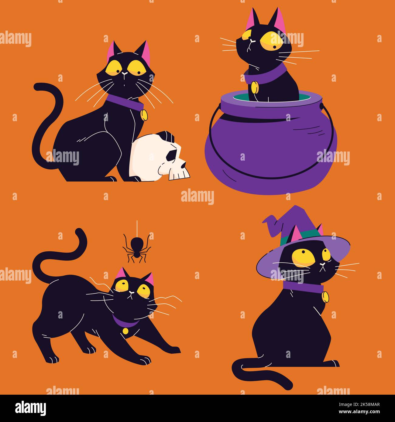 hand drawn flat halloween black cats collection vector design illustration Stock Vector