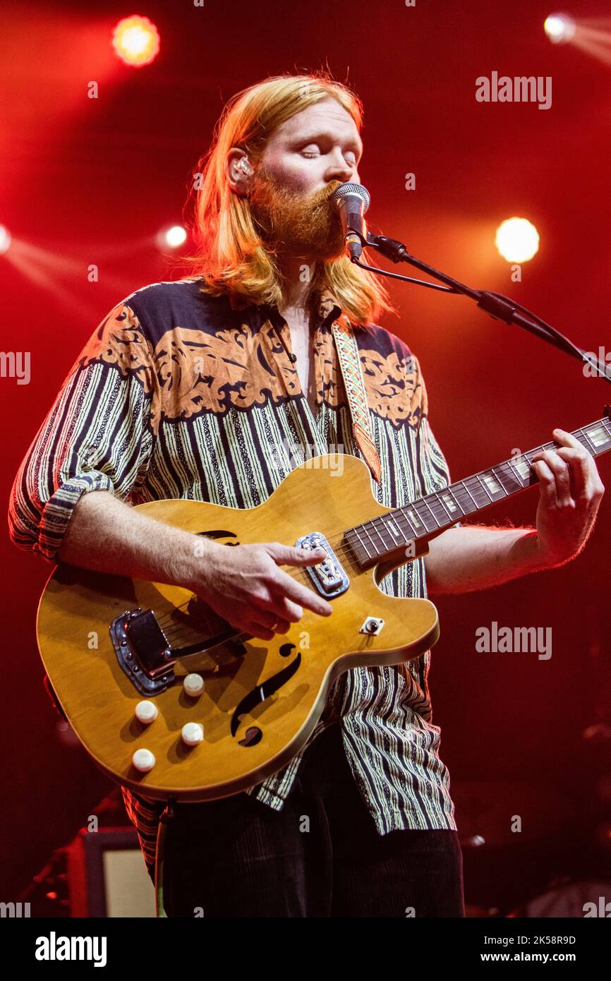 Milan Italy. 05 October 2022. The Icelandic singer songwriter Unnar Gísli Sigurmundsson with his musical project JUNIUS MEYVANT performs live on stage at Fabrique opening the show of Kaleo. Stock Photo