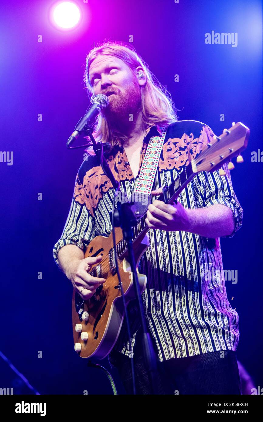 Milan Italy. 05 October 2022. The Icelandic singer songwriter Unnar Gísli Sigurmundsson with his musical project JUNIUS MEYVANT performs live on stage at Fabrique opening the show of Kaleo. Stock Photo