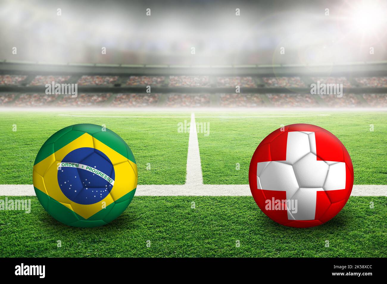 Brazil vs Switzerland football in brightly lit outdoor stadium with painted Brazilian and Swiss flags. Focus on foreground and soccer ball with shallo Stock Photo