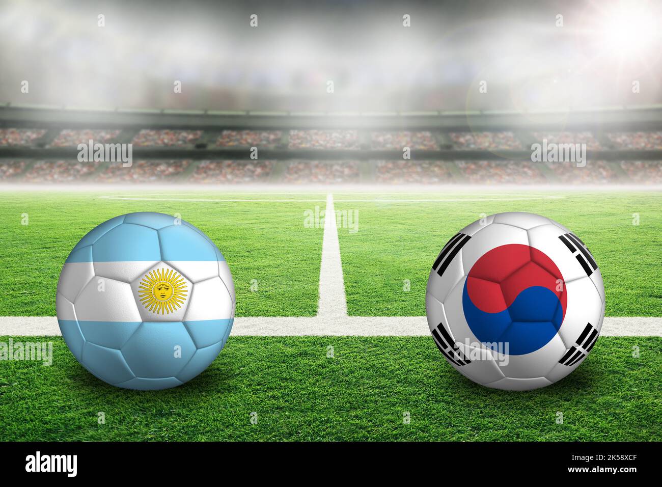 Uruguay vs Korea Republic football in brightly lit outdoor stadium with painted South Korean and Uruguayan flags. Focus on foreground and soccer ball Stock Photo