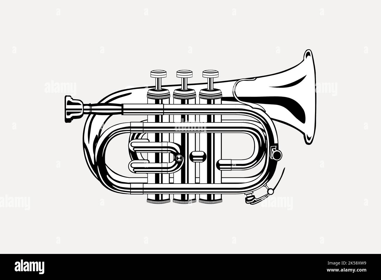 Pocket trumpet drawing, musical instrument illustration vector Stock