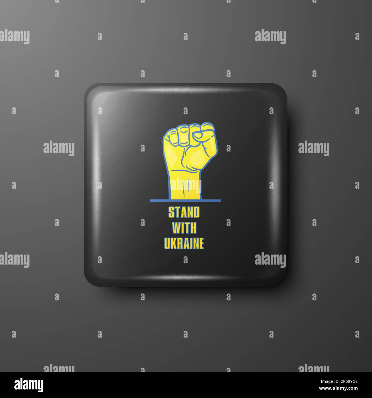 Stand with Ukraine. Ukraine Anti War Call with Fist Raised Up and Ukranian Flag Colors. Black Button Pin Badge. Struggle, Protest, Support Ukraine Stock Vector