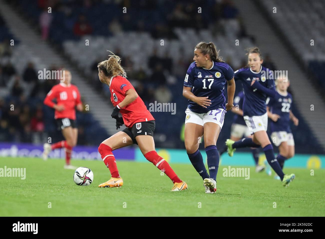 Glasgow, UK. 6th Oct, 2022. In the FIFA Women's World Cup Play-off between Scotland and Austria, Scotland won 1 - 0, in front of a record crowd at Hampden Park, Glasgow, Scotland. The winning goal, scored by Abigail Harrison was scored in the second minute of extra time (92 minutes) Credit: Findlay/Alamy Live News Stock Photo