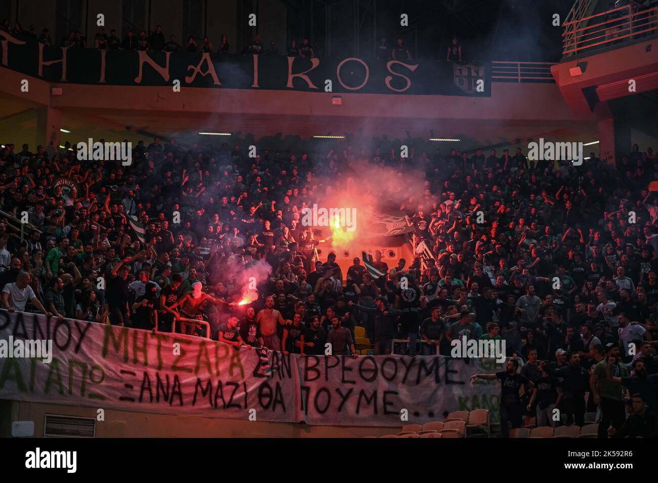 Athens, Lombardy, Greece. 6th Oct, 2022. Panathinaikos Athens BC fans in action during the Turkish Airlines Euroleague Basketball match between Panathinaikos BC and Real Madrid at OAKA ALTION Arena on October 6, 2022 in Athens, Greece. (Credit Image: © Stefanos Kyriazis/ZUMA Press Wire) Stock Photo