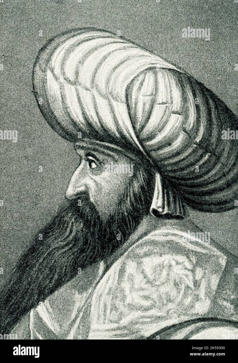 The caption for this 1910 image reads: “Sultan Bayezid I.” Bayezid I, byname Yildirim —also known as The Thunderbolt was (born c. 1360 and died 1403. The Ottoman sultan in 1389–1402, he founded the first centralized Ottoman state based on traditional Turkish and Muslim institutions and stressed the need to extend Ottoman dominion in Anatolia. This painting is in a collection in the Tyrol (also Tirol) in Austria. Stock Photo