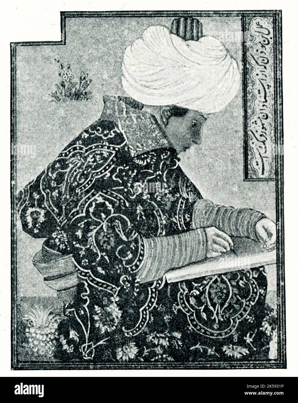 This 1910 image shows a Turkish scribe. It is a miniature by Gentile Bellini. The original is in Constantinople (present-day istanbul). Gentile Bellini (born c. 1429-1507) was an Italian painter and  member of the founding family of the Venetian school of Renaissance painting, best known for his portraiture and his scenes of Venice. Stock Photo