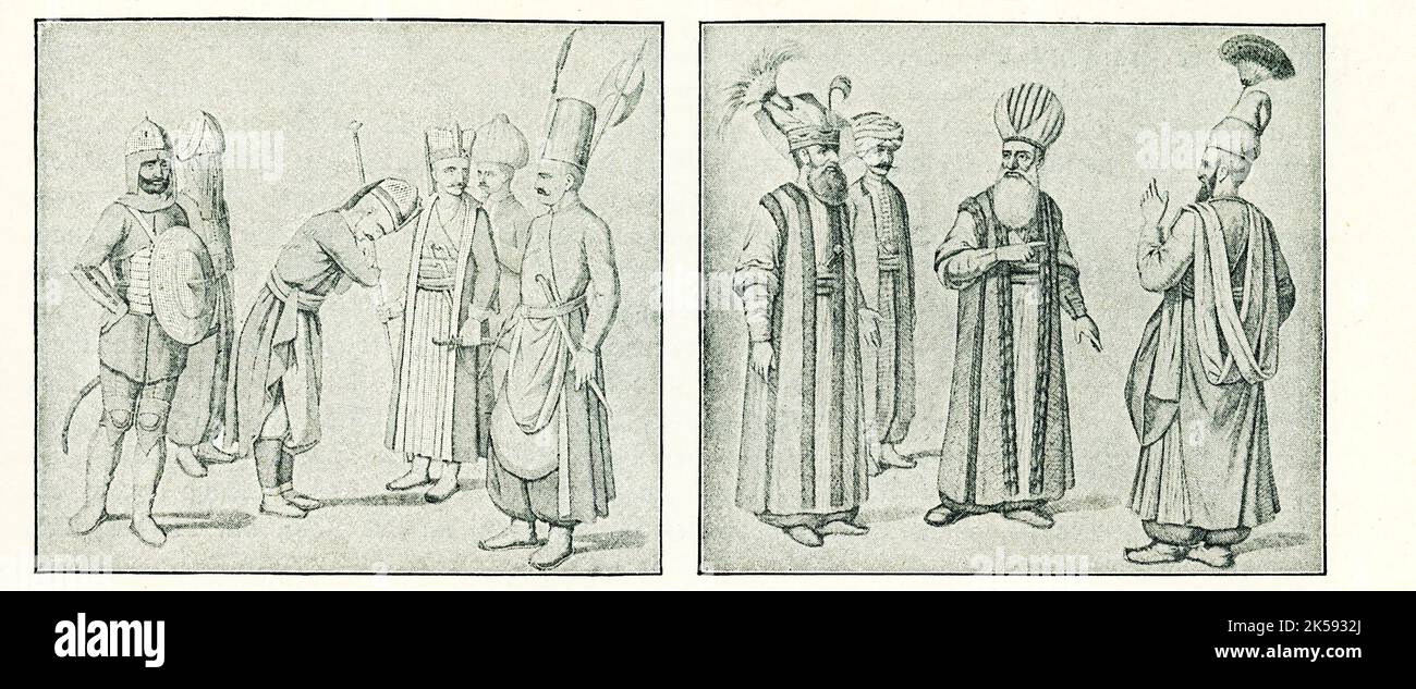 This image, dating to 1910, shows the clothing attire worn by Janissaries. The caption for this 1910 image reads: “Janissaries.' Janissary, also spelled Janizary, Turkish Yeniçeri (“New Soldier” or “New Troop”), was a member of an elite corps in the standing army of the Ottoman Empire from the late 14th century to 1826. Highly respected for their military prowess in the 15th and 16th centuries, the Janissaries became a powerful political force within the Ottoman state. During peacetime they were used to garrison frontier towns and police the capital, Istanbul. They constituted the first modern Stock Photo