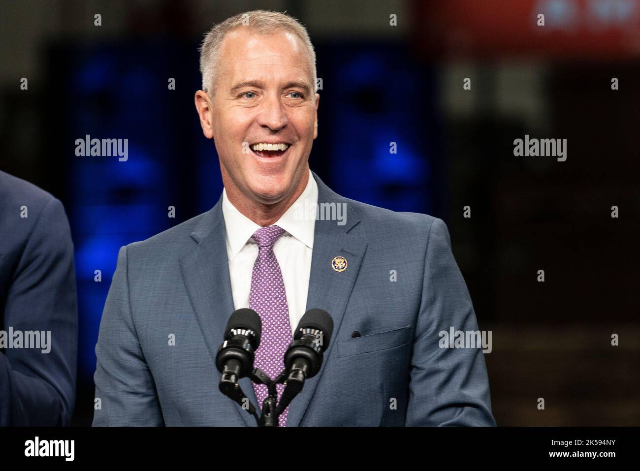 New York, US, 06/10/2022, Congressman Sean Patrick Maloney speaks before President Joe Biden Jr. delivers remarks at IBM facility. The President praised the CHIPS and Science Act passed by Congress and signed by him to increase funding for research and development as well as to manufacture hi-tech stuff in America. He was joined by IBM Chairman and CEO Arvind Krishna who announced that IBM will invest $20 billion in the next 10 years across all facilities in Hudson Valley. Also, Governor of New York Kathy Hochul and Congressmen Sean Patrick Maloney and Patrick Kevin Ryan were delivering speech Stock Photo