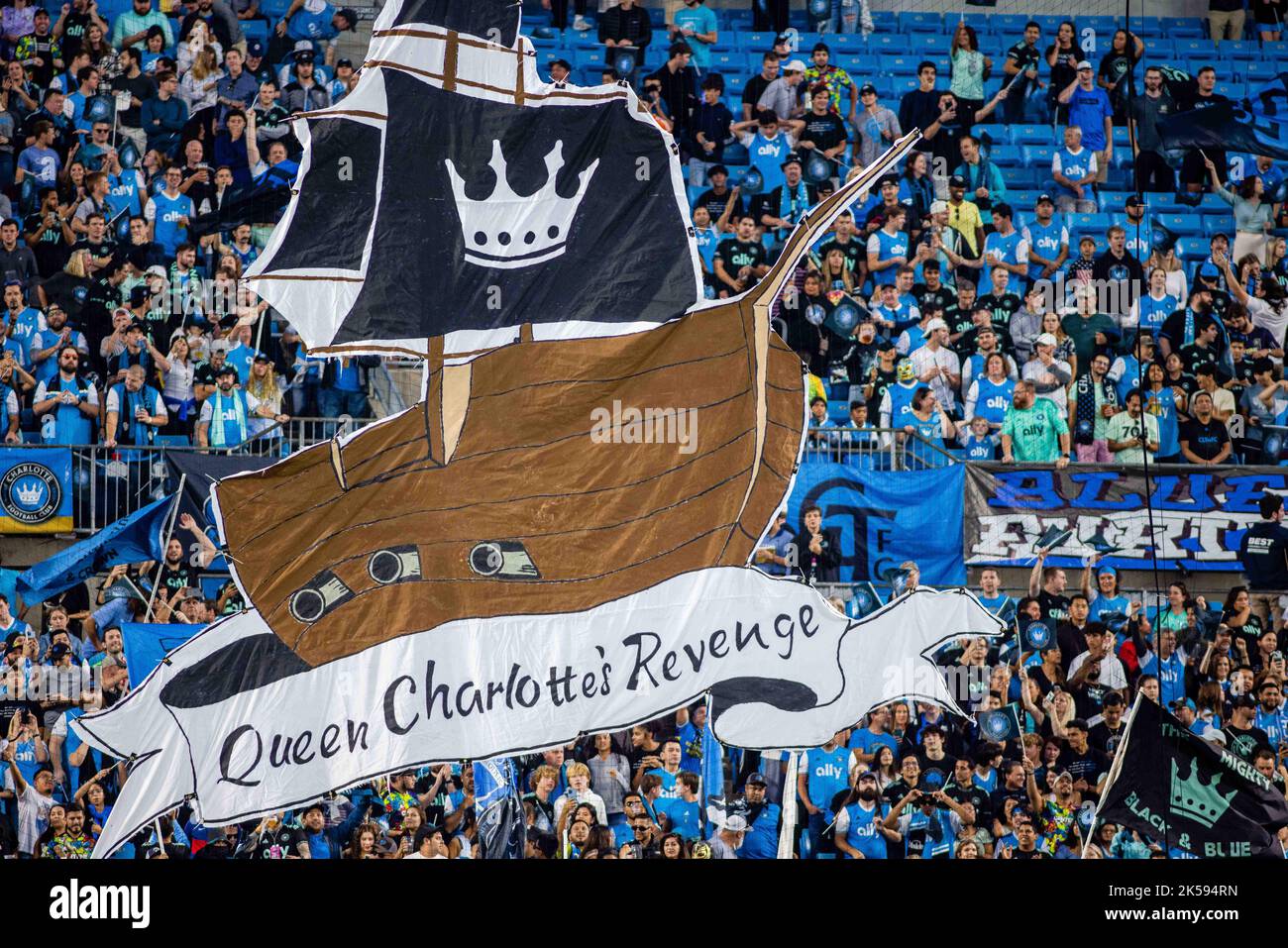 Charlotte, NC, USA. 5th Oct, 2022. Charlotte FC fans hold up a tifo of Queen CharlotteÕs Revenge before a match with Columbus Crew in the Major League Soccer match up at Bank of America Stadium in Charlotte, NC. (Scott KinserCal Sport Media). Credit: csm/Alamy Live News Stock Photo