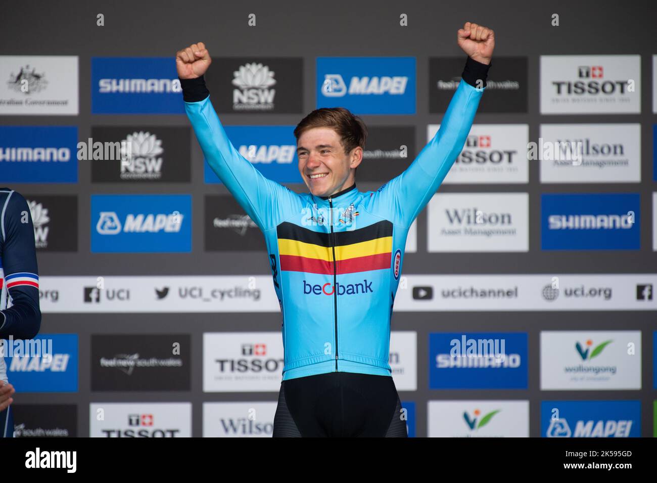Remco Evenepoel of Belgium on the podium as he receives the gold medal