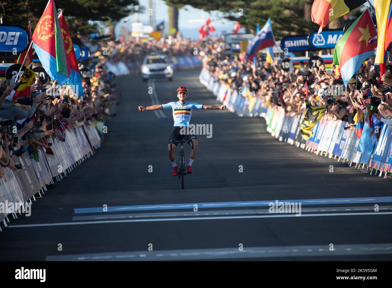 Remco Evenepoel of Belgium celebrates as he wins the Elite Men's road