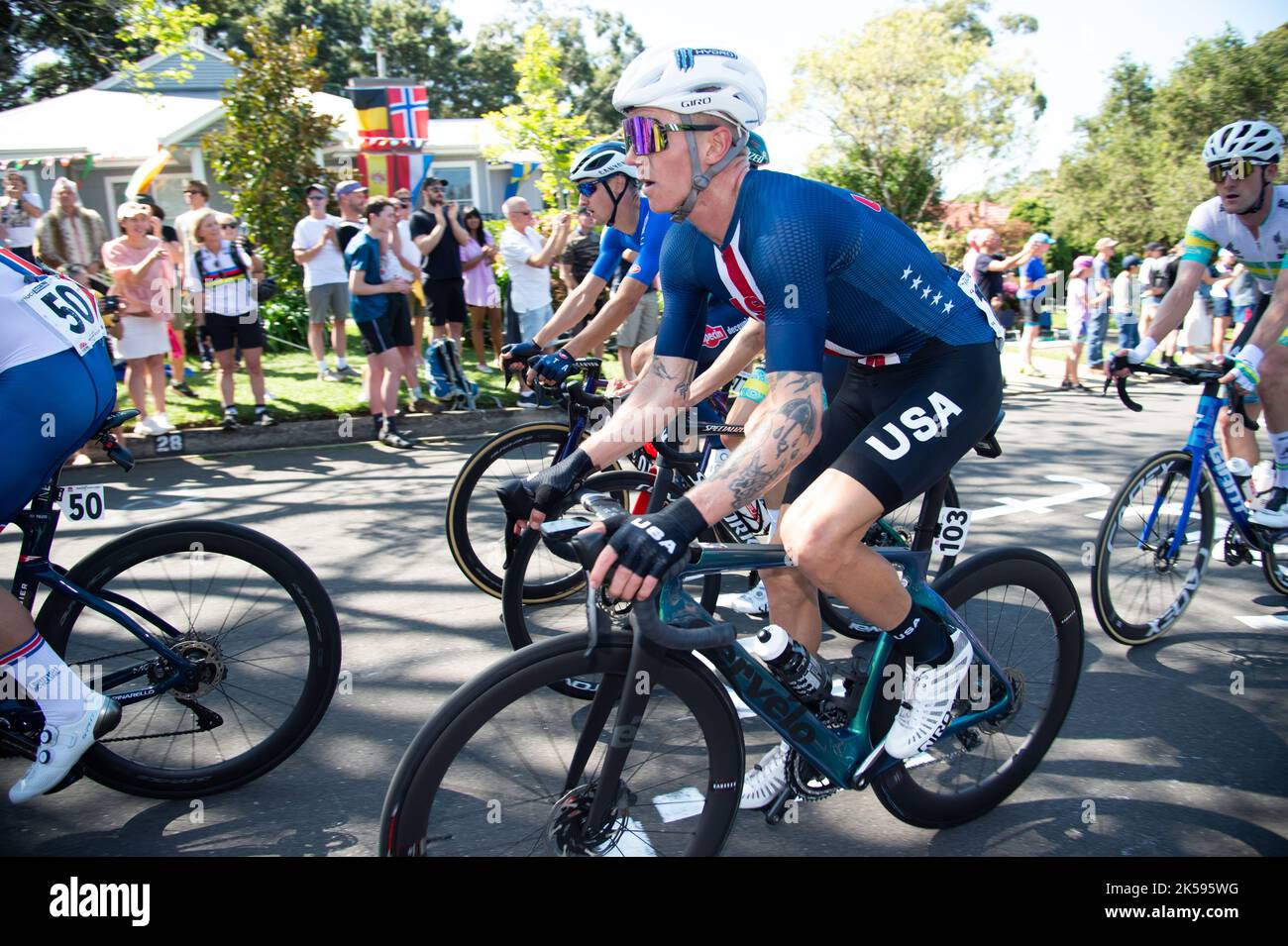 Top US gravel rider Keegan Swenson competes in his first road cycling world championship at the 2022 UCI Road Cycling Worlds in Wollongong, Australia. Stock Photo