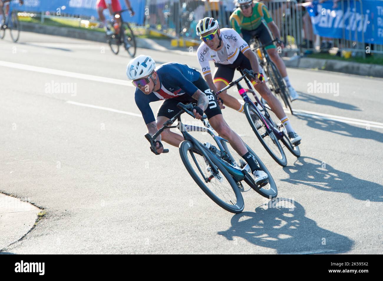 Top US gravel rider Keegan Swenson competes in his first road cycling world championship at the 2022 UCI Road Cycling Worlds in Wollongong, Australia. Stock Photo