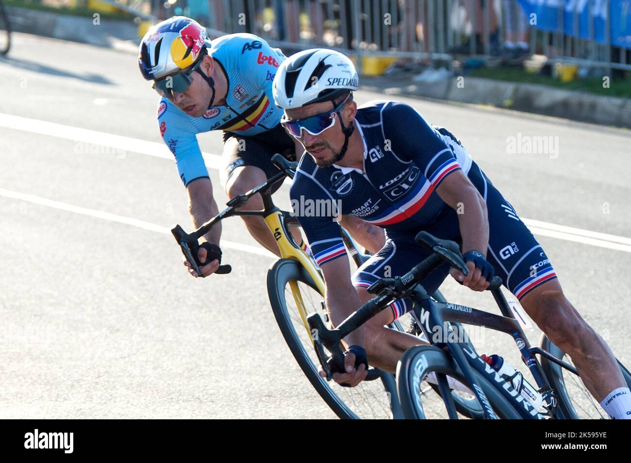 Wout van Aert of Belgium and Julian Alaphillipe of France during the 2022 UCI Road Cycling World Championships in Wollongong, Australia. Stock Photo