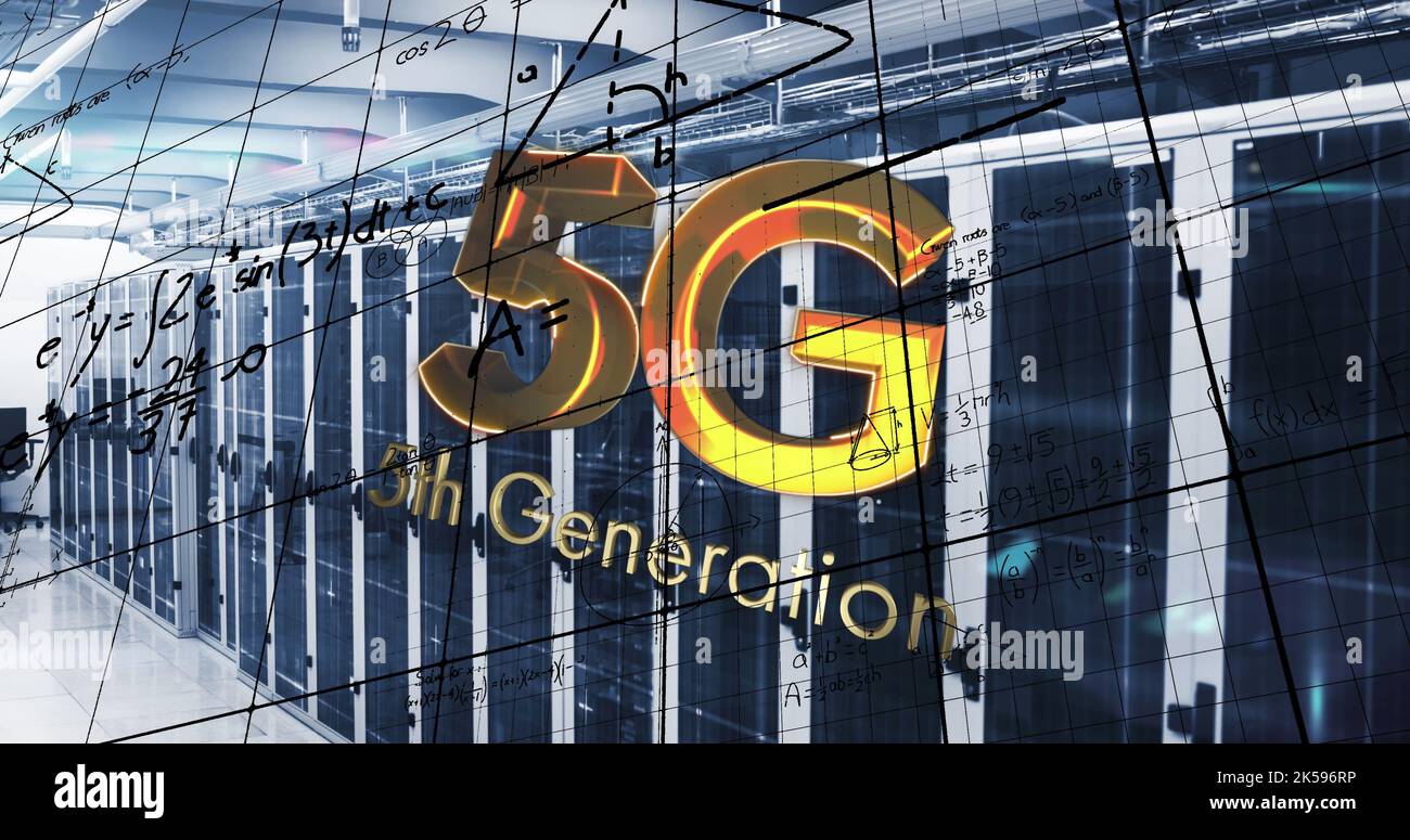 Image of 5g text, mathematical equations and data processing over computer servers Stock Photo