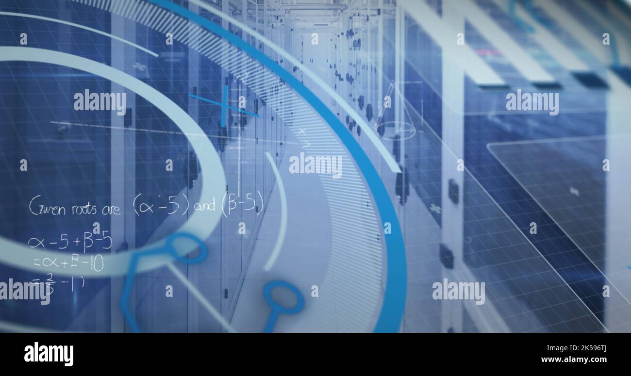 Image of processing circle and math formulas over servers Stock Photo ...
