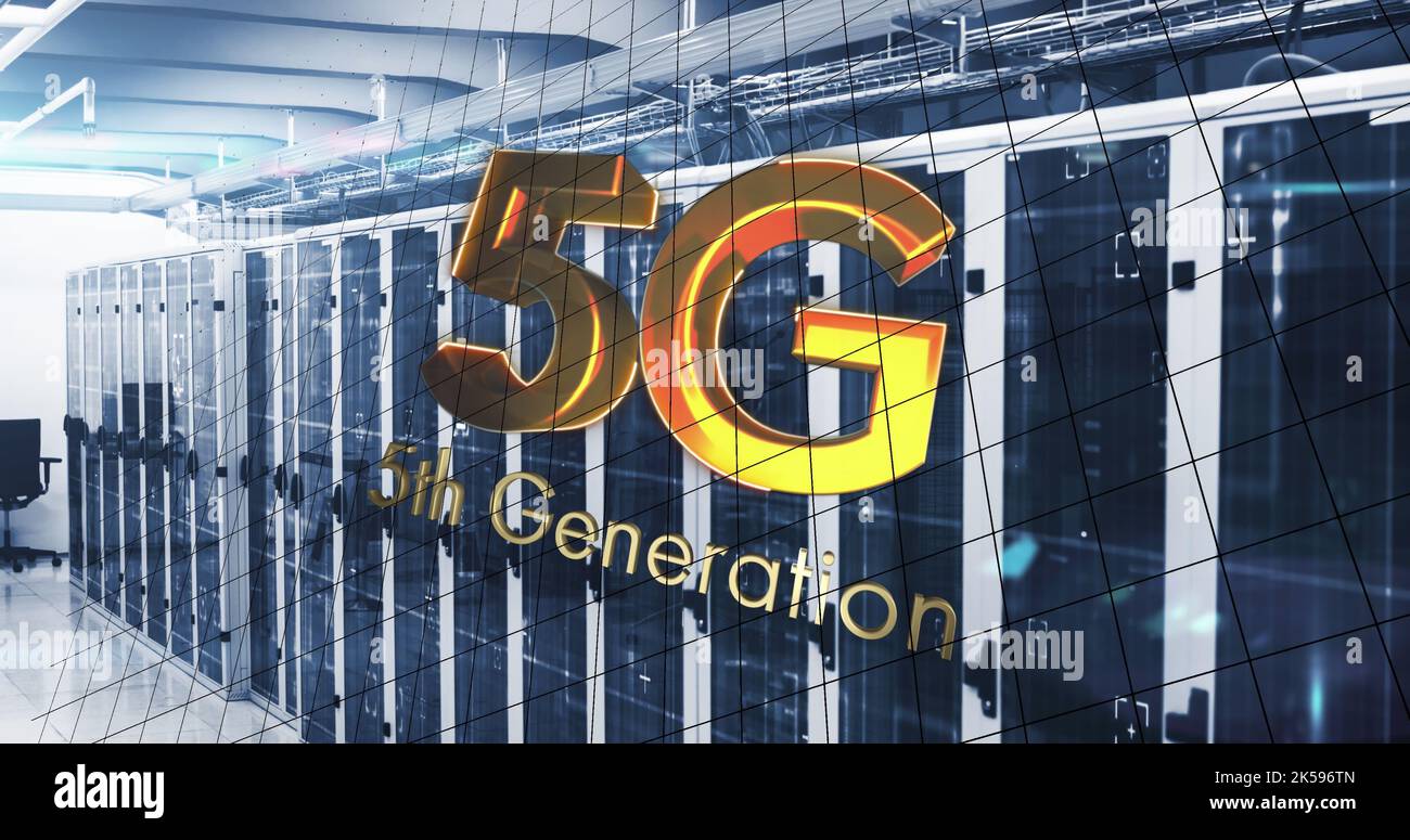Image of 5g text, mathematical equations and data processing over computer servers Stock Photo