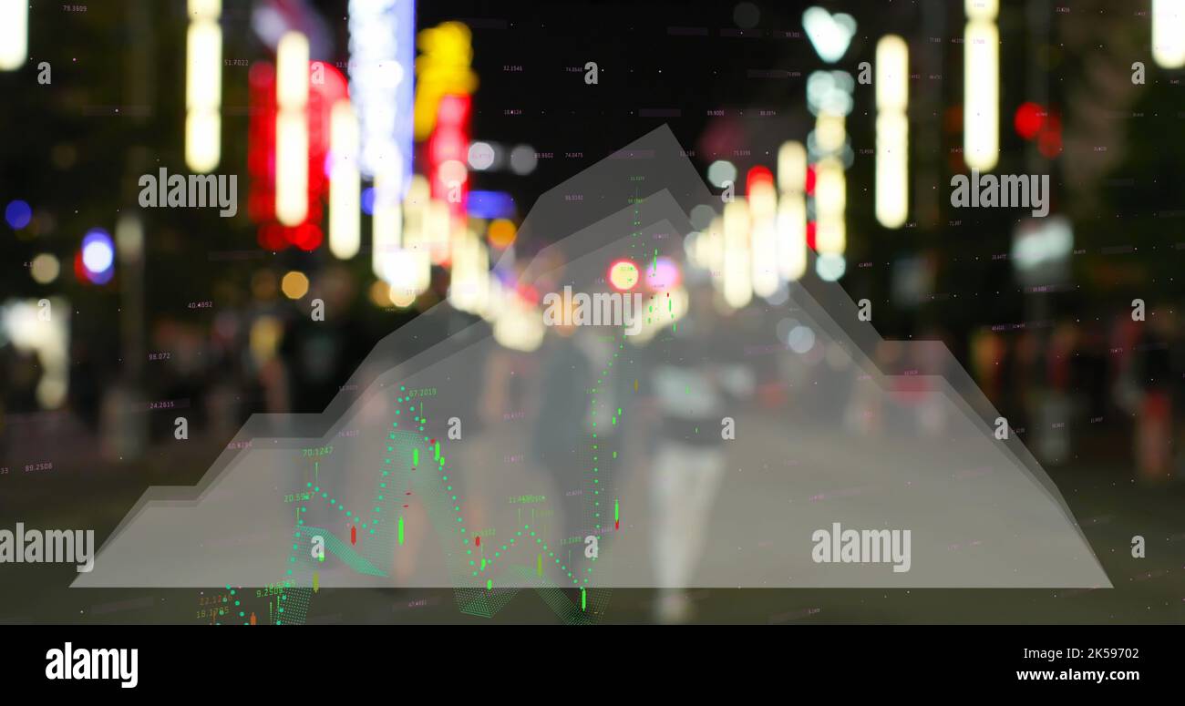 Image of statistical and financial data processing against city at night Stock Photo