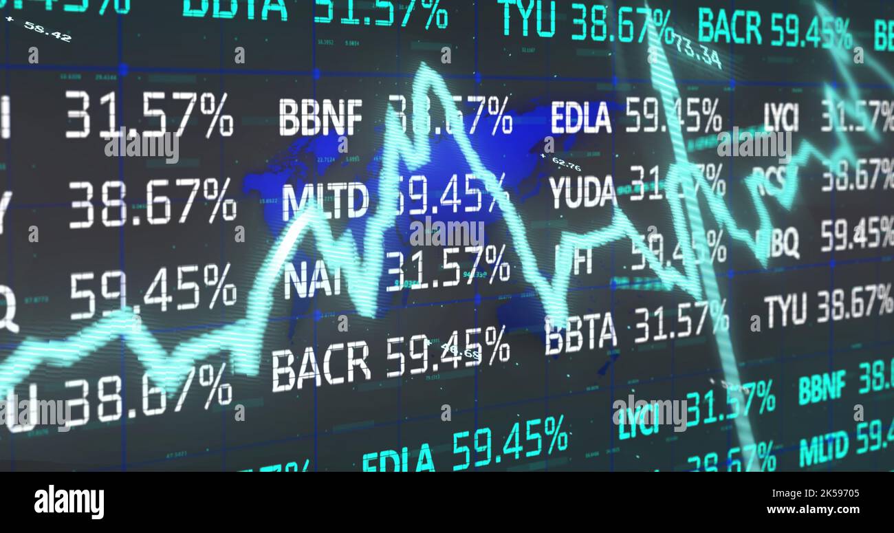 Image of stock market with graph over world map on black background ...