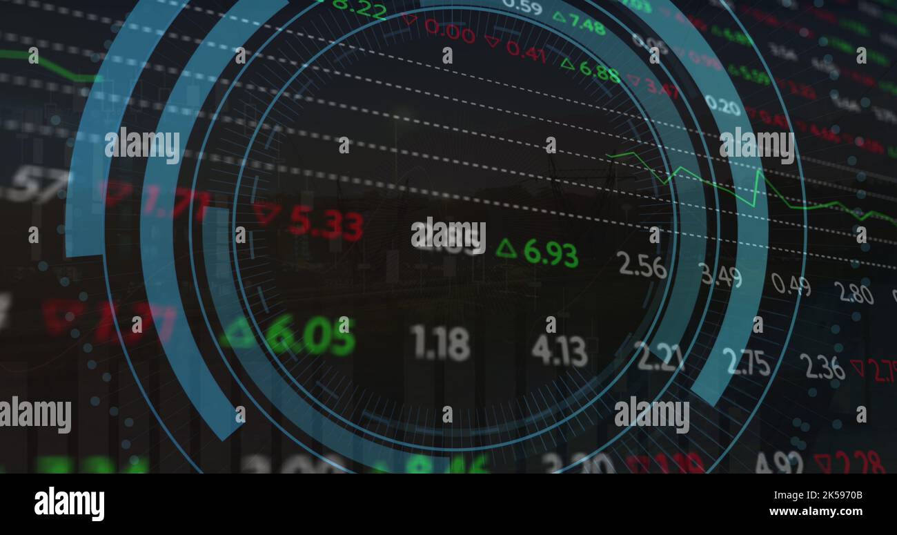 Image of scope scanning with computer icon over stock market on black ...