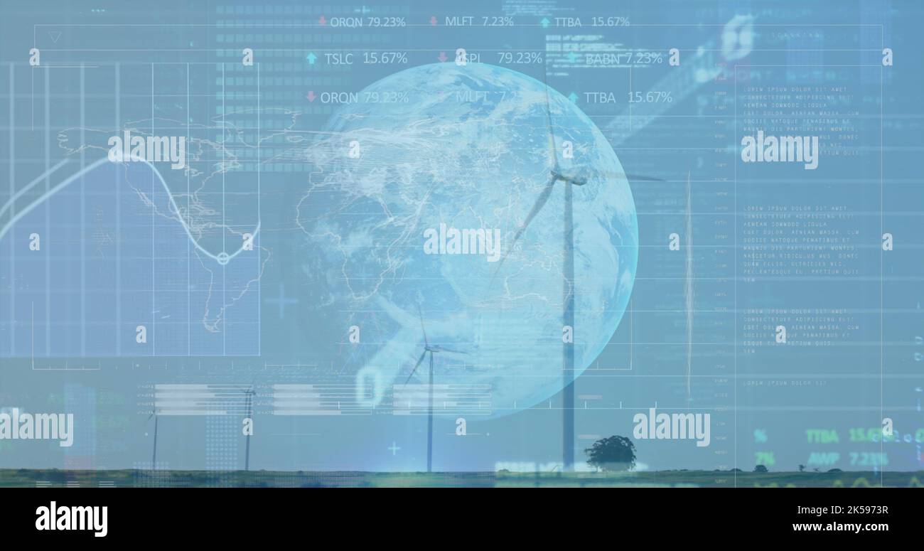 Image of stock market data processing over globe and windmills spinning against blue sky Stock Photo