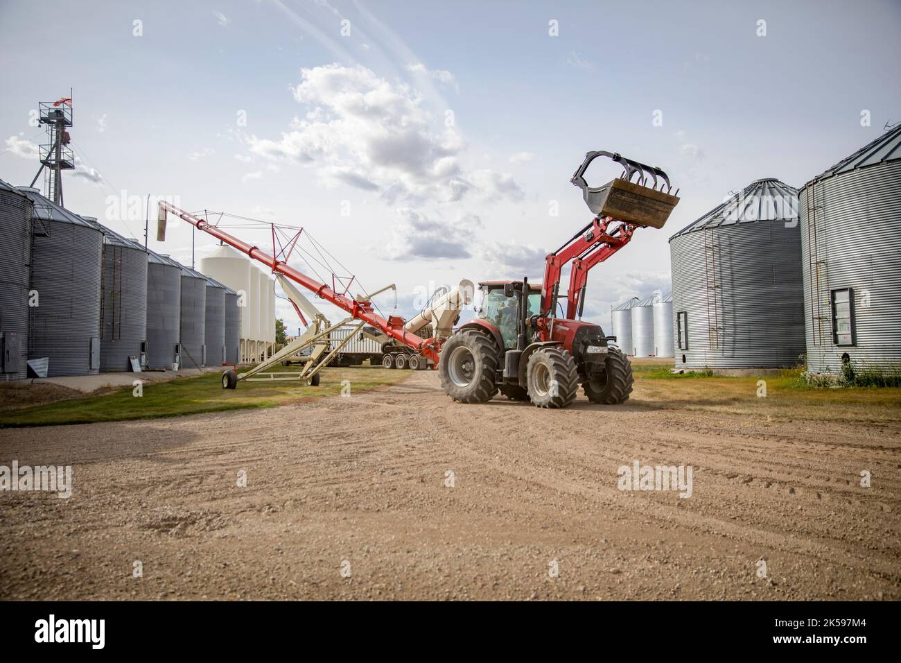 Tractor with grain auger filling silos on farm Stock Photo Alamy