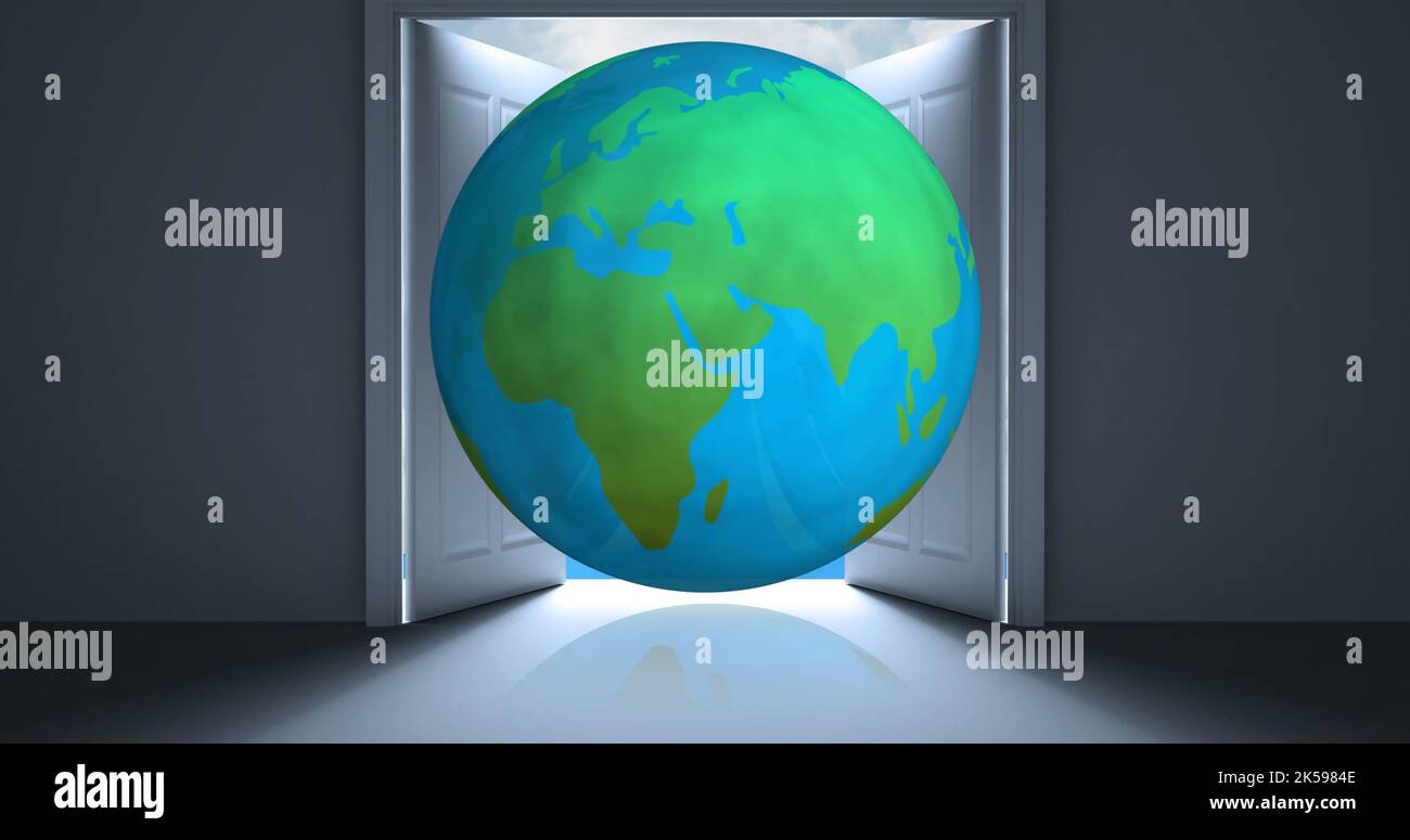 Composite of globe in front of open door in empty room, copy space