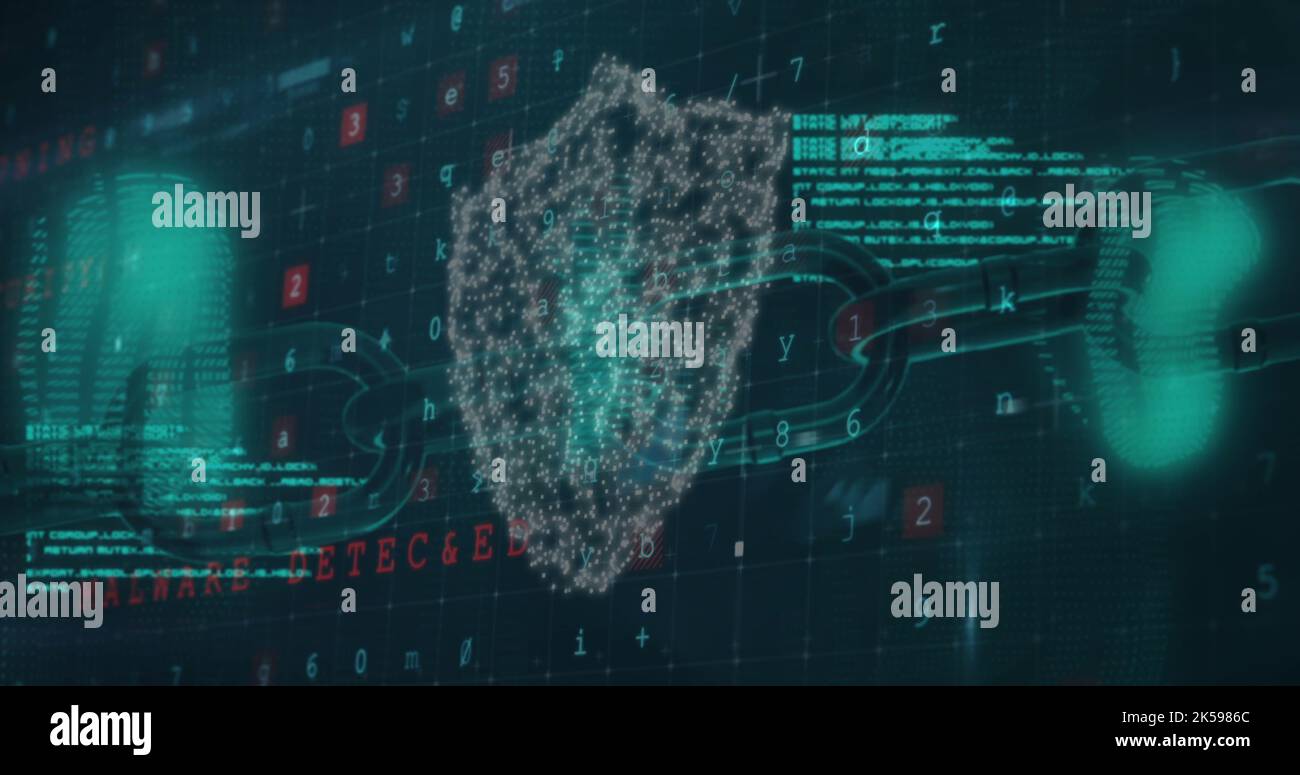 Digitally generated image of lock with shield, blockchain, numbers ...
